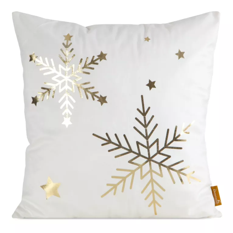 Poszewka na poduszkę świąteczna 45x45 cm welwetowa biała zdobiona nadrukiem szampańskich śnieżynek
