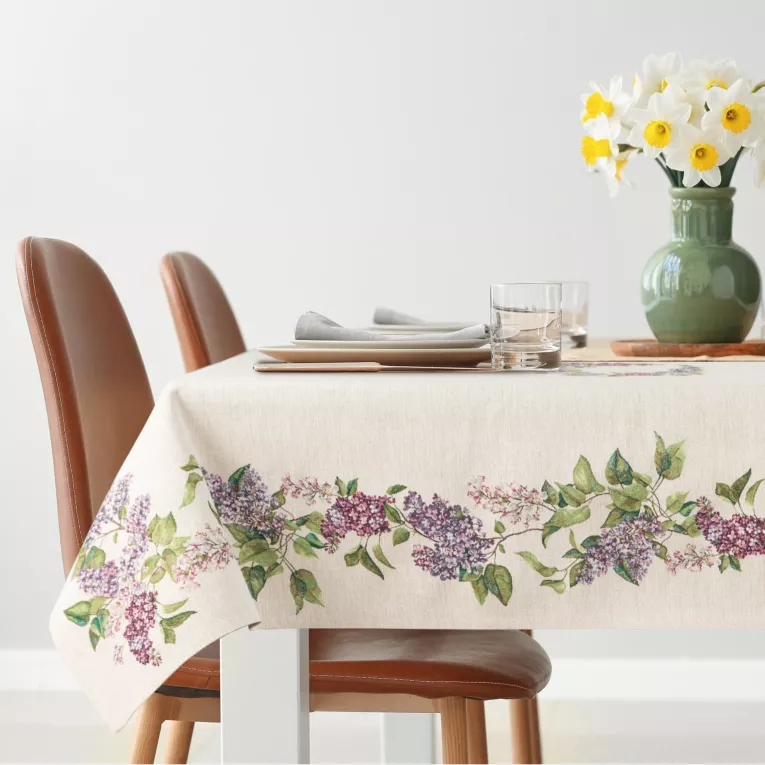 Obrus na stół naturalno, fioletowy 140x180 cm gobelinowy zdobiony motywem bzu