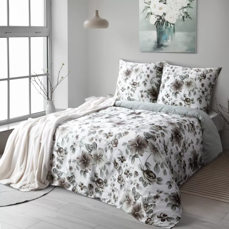 Pościel 140x200 cm z satyny bawełnianej kolor biało, stalowy z motywem kwiatów SPRING 67