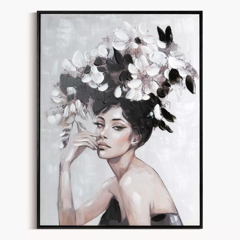 Obraz kremowo, czarny ręcznie malowanej kobiety z kwiatami na płótnie 60x80 cm