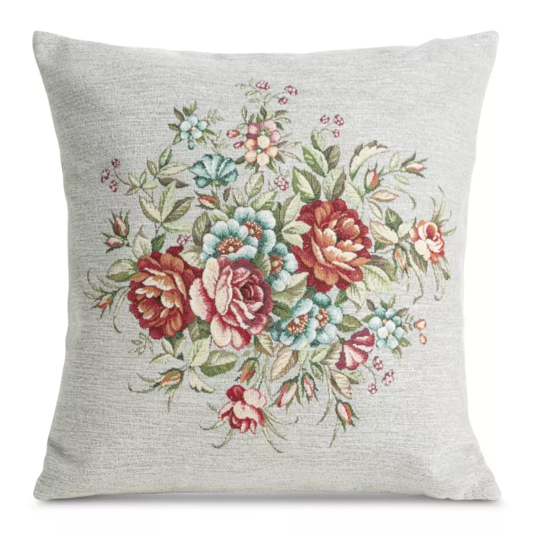 Poszewka na poduszkę 45x45 cm z tkaniny gobelinowej z szenilową nicią z motywem kwiatów szarobeżowa, czerwona