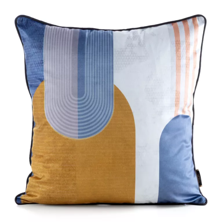 Poszewka na poduszkę 45x45 cm welwetowa, niebiesko musztardowa zdobiona nadrukiem geometrycznym VELVET 164 Eurofirany Premium