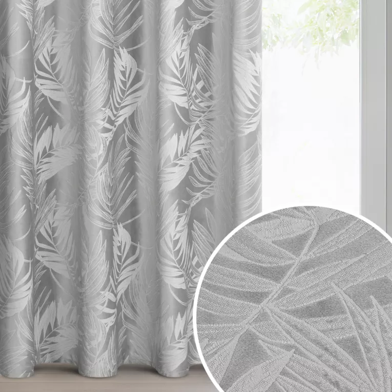 Zasłona srebrna welwetowa zdobiona motywem palmowych liści 140x250 cm przelotka - VERA