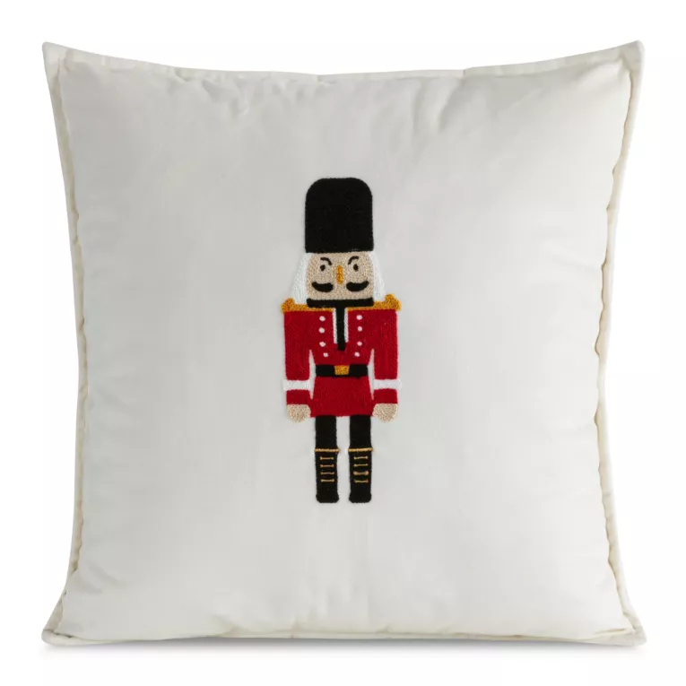 Poszewka na poduszkę 45x45 cm welwetowa kolor biały z haftem z dziadkiem do orzechów