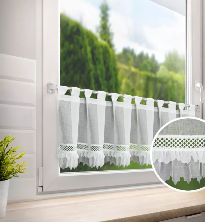 Zazdrostka biała zdobiona subtelną aplikacją oraz gipiurą 150x40 cm szelki - KATRIN