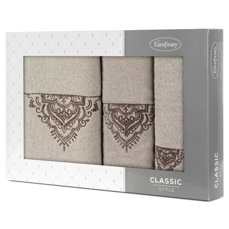 Zestaw ręczników bawełnianych na prezent 3 szt kolor beżowy, brązowy z haftem 400 g/m2 LAURA