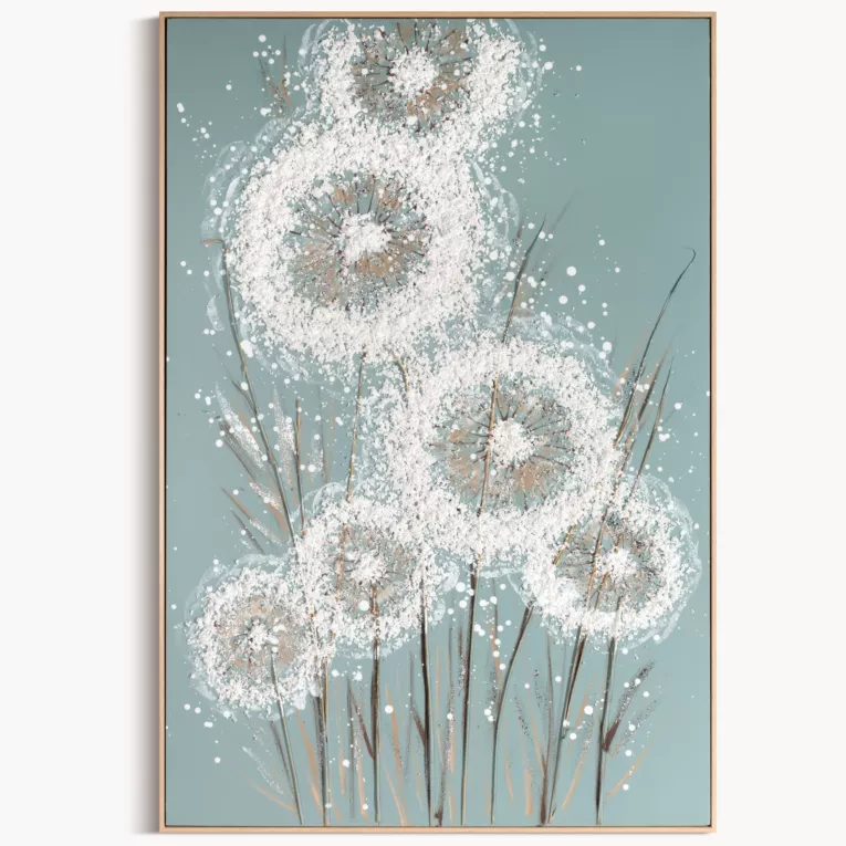 Obraz 3D z dmuchawcami kremowy, jasnoniebieski ręcznie malowany oprawiony w ramę 82x122 cm