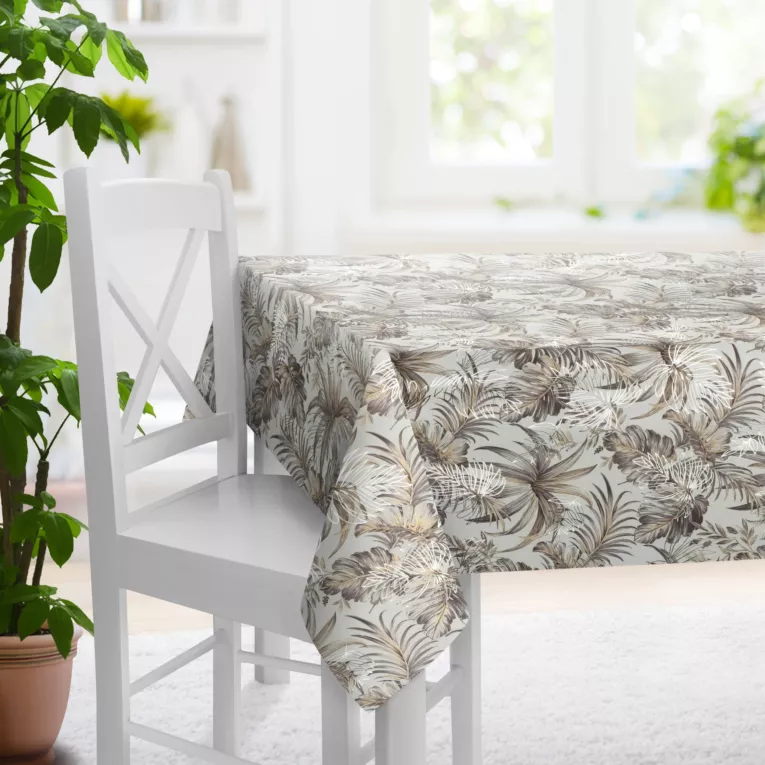 Obrus szyty biało srebrny miękka, welwetowa, z nadrukowanym motywem botanicznym i błyszczącymi elementami