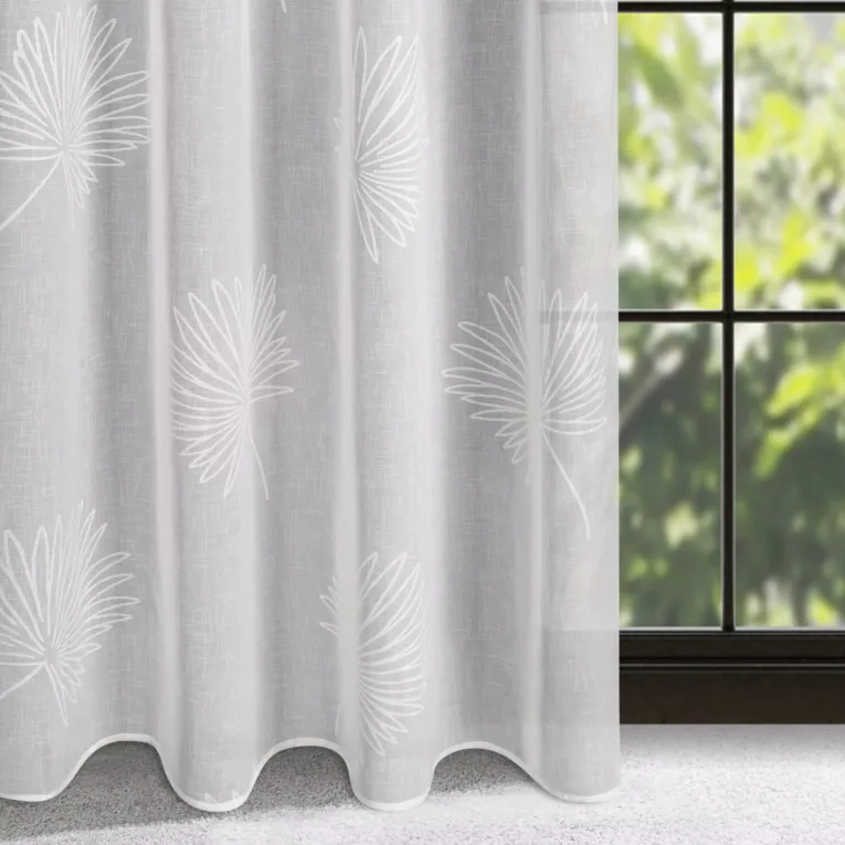 Firana biała z lekkiej etaminy z żakardowym motywem liści 140x270 cm taśma JANE