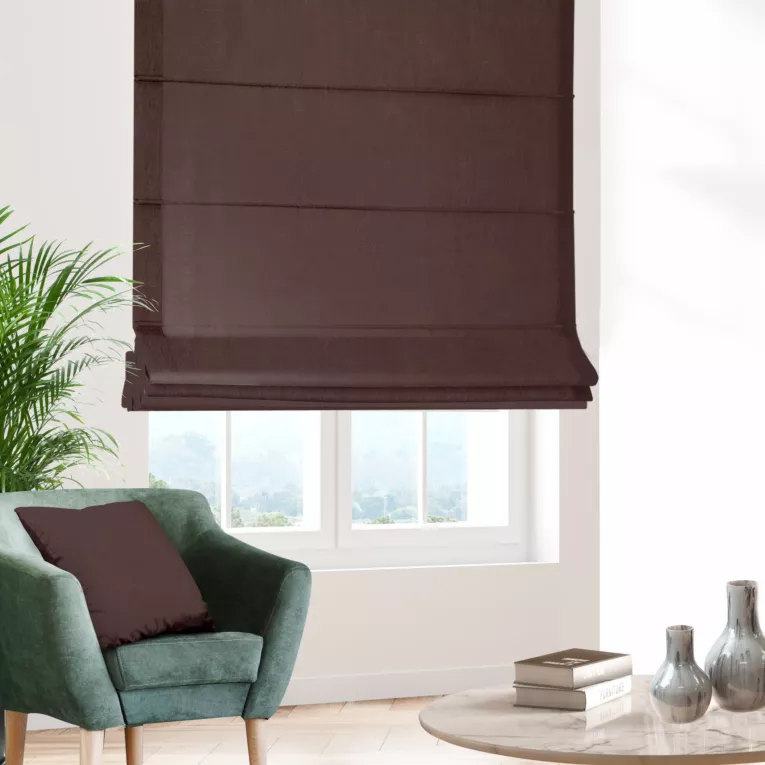 Roleta rzymska LUXOR brązowa z eleganckiej lśniącej tkaniny o drobnym splocie