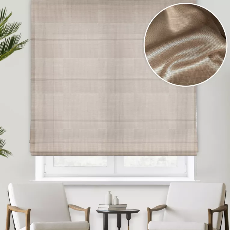 Roleta rzymska SAMANTHA złota z półprzezroczystej tkaniny o perłowym połysku, wykończona obciążnikiem