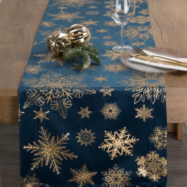 Bieżnik świąteczny na stół 45x45 cm granatowo, szampański welwetowy zdobiony śnieżynkami JOY 2