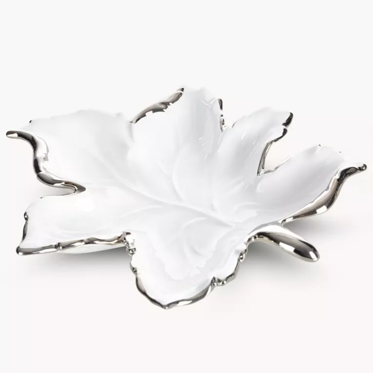 Patera ceramiczna biało-srebrna  w kształcie liścia 33x35x6 cm ABBI
