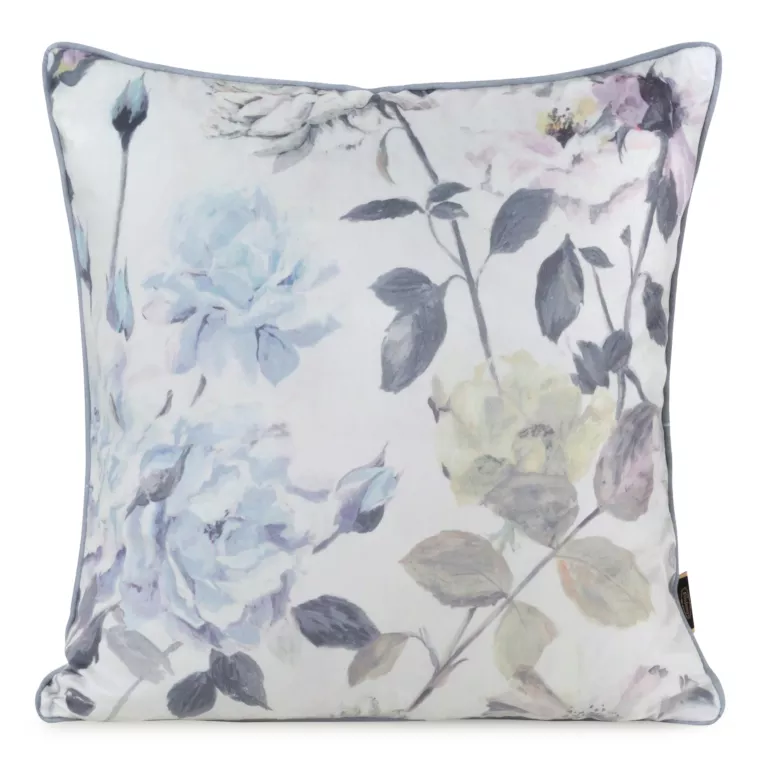 Poszewka na poduszkę 45x45 cm welwetowa, kremowo niebieska z nadrukiem pastelowych kwiatów VELVET 151 Eurofirany Premium