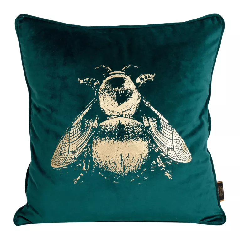 Poszewka na poduszkę 45x45 cm welwetowa turkusowa, dwustronna z nadrukiem złocistej pszczoły BLINK 41