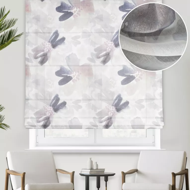 Roleta rzymska kremowo wrzosowa z eleganckiej etaminy w drukowany w malarski kwiatowy wzór