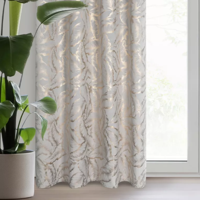 Zasłona srebrno szampańska zdobiona nadrukiem liści 140x250 cm złota przelotka - MILENA