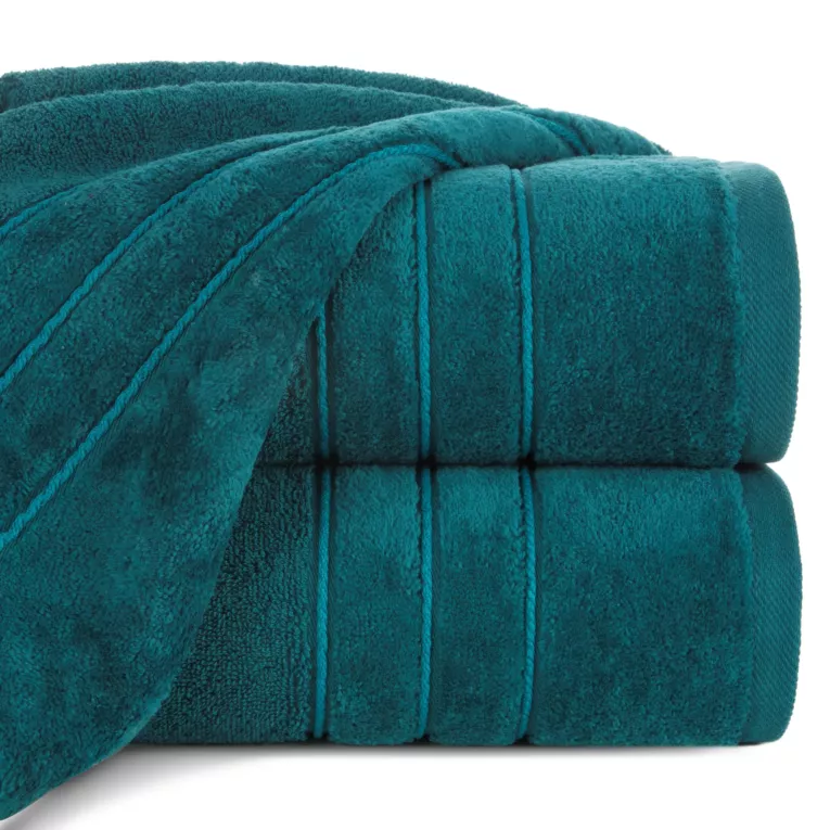 Ręcznik kąpielowy 70x140 cm bawełniany kolor ciemno turkusowy z kontrastującymi paseczkami 500 g/m2 SIBEL