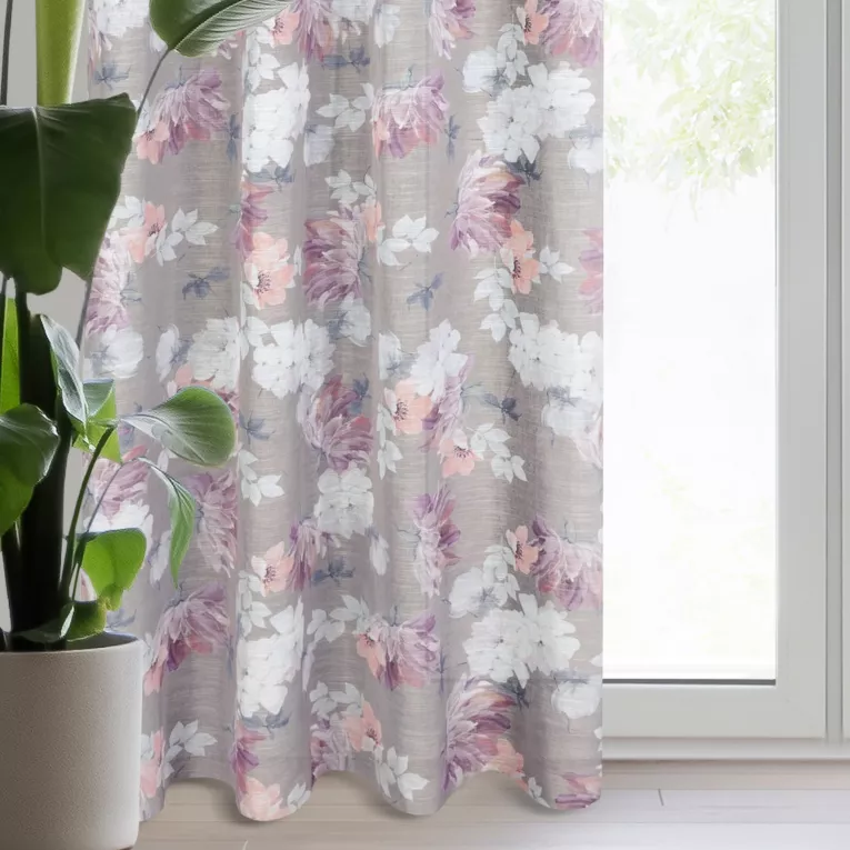 Zasłona srebrno, różowa w kwiaty z etaminy 140x250 cm przelotka - SHERRY