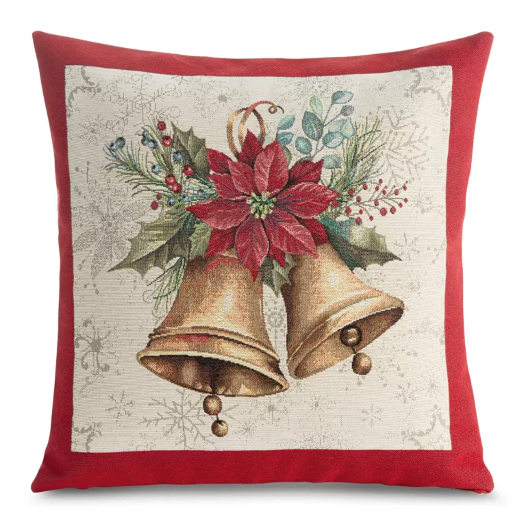 Poszewka na poduszkę 45x45 cm gobelinowa naturalno, czerwona zdobiona motywem dzwoneczków GOB
