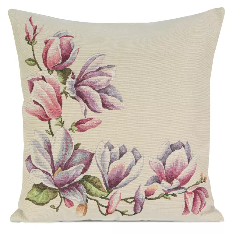 Poszewka na poduszkę 45x45 cm gobelinowa naturalno, różowa z tkanym motywem kwitnących magnolii GOB