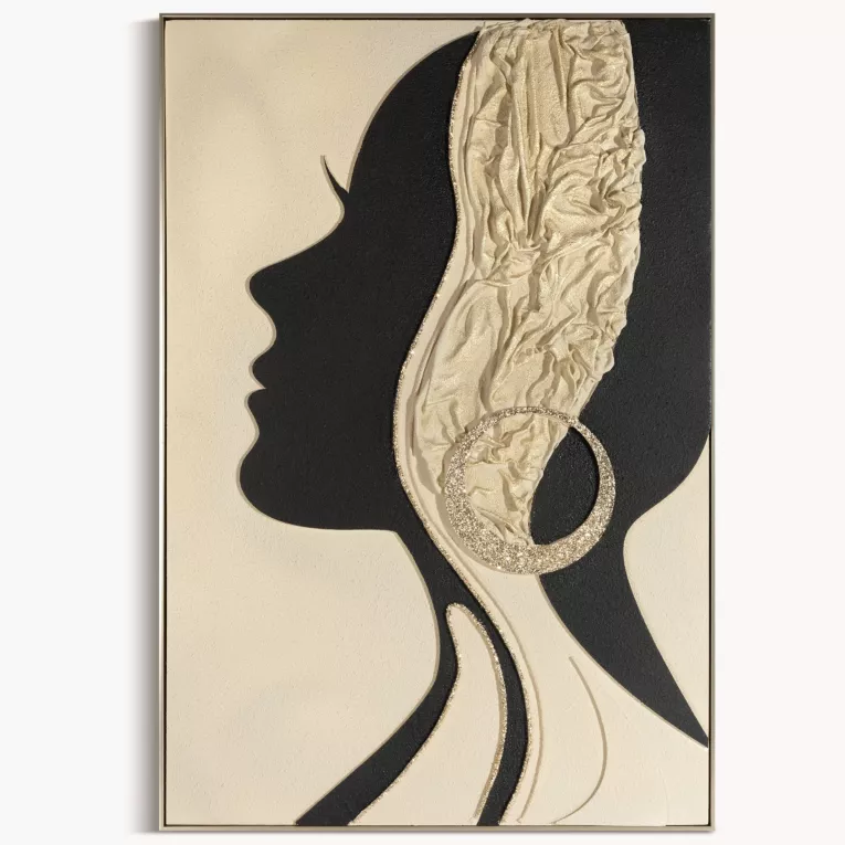 Obraz beżowo, czarny ręcznie malowany z motywem sylwetki kobiety oprawiony w ramę 82x122 cm Eurofirany