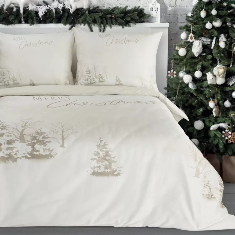 Pościel świąteczna 160x200 cm, kolor beżowy, biały z subtelnym nadrukiem  SNOWFLAKE