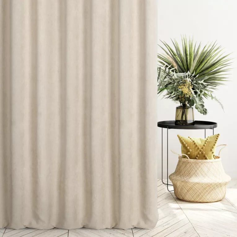 Zasłona szyta na flexach ciemnokremowa z miękkiej matowej tkaniny szenilowej o naturalnym splocie