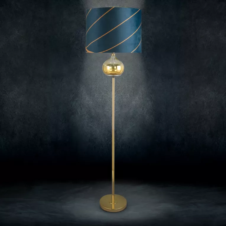 LIMITED COLLECTION Lampa stojąca LOTOS 2 ze szklaną ozdobą z efektem ombre i welwetowym abażurem HARMONIA TURKUSU
