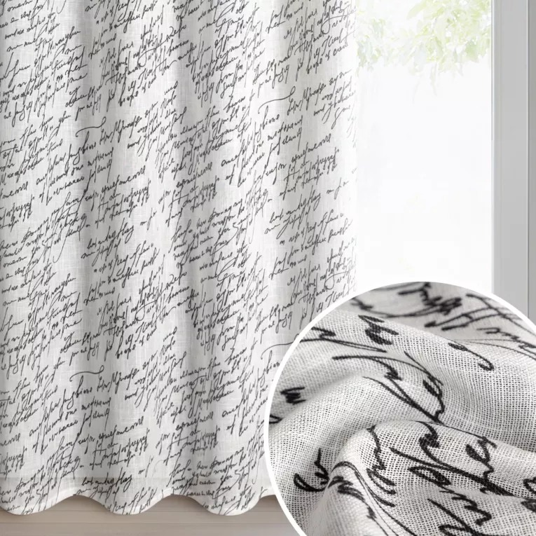 Zasłona kolor naturalny, czarny z tkaniny z dodatkiem lnu zdobiona oryginalnym nadrukiem 140x250 cm przelotka - EDITH