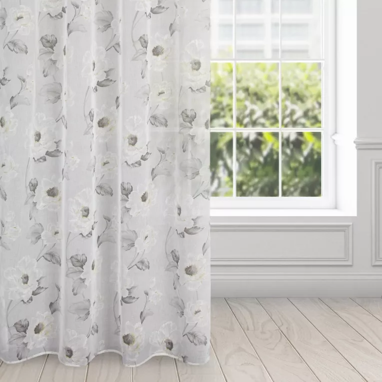 Firana biało, oliwkowa z matowej etaminy z kwiatowym motywem 140x250 cm przelotka BESSY