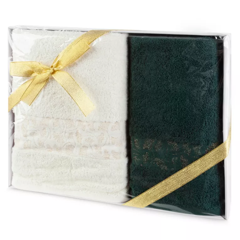 Zestaw ręczników bawełnianych na prezent 2 szt kolor kremowy, ciemnozielony 450 g/m2 BLINK