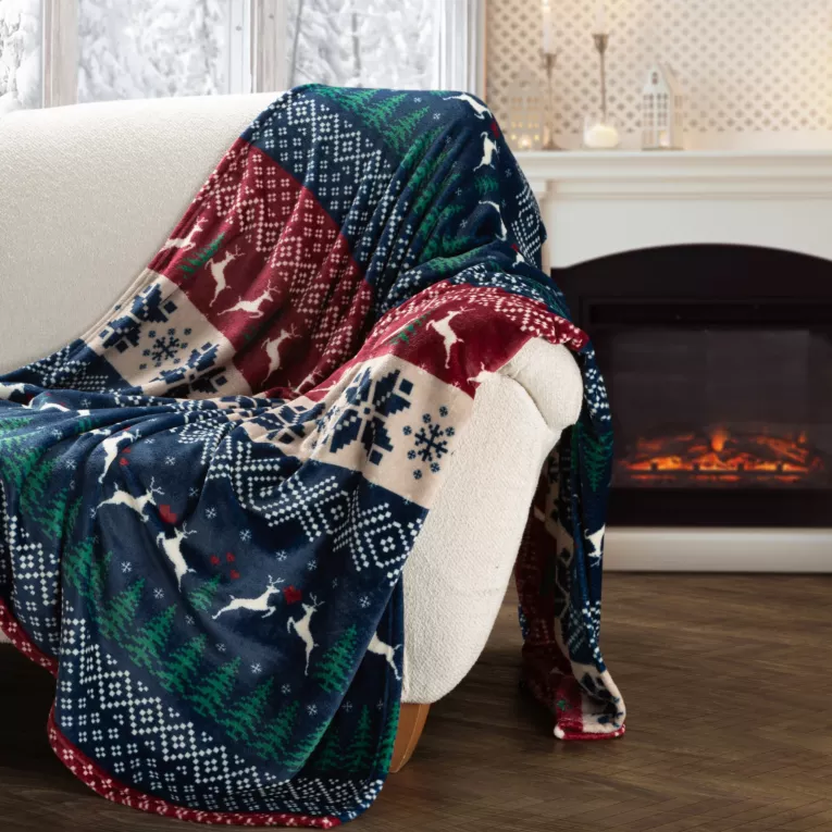 Koc świąteczny 150x200 cm  granatowo, bordowy zdobiony nadrukiem w stylu norweskim