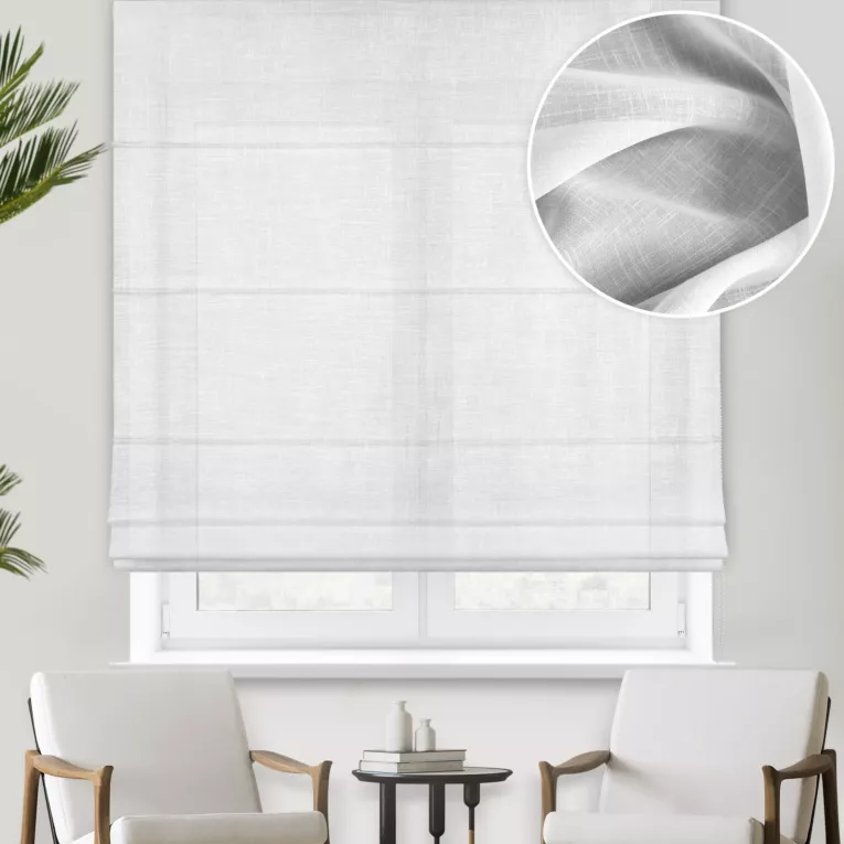 Roleta rzymska LINEN2 biała z gładkiej matowej etaminy o naturalnym splocie, wykończona obciąznikiem