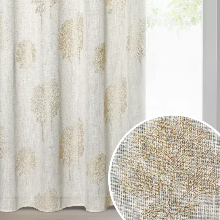 Zasłona naturalna o naturalnym splocie zdobiona wypukłym wzorem drzew 140x250 cm złote przelotki - SALINA