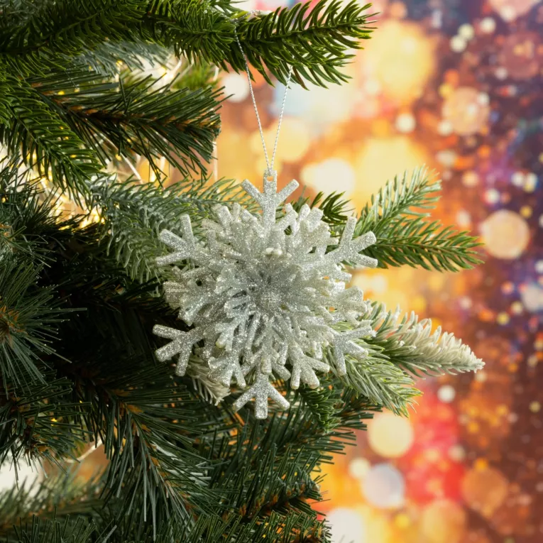 Ozdoba choinkowa ŚNIEŻYNKA obsypana srebrnym brokatem