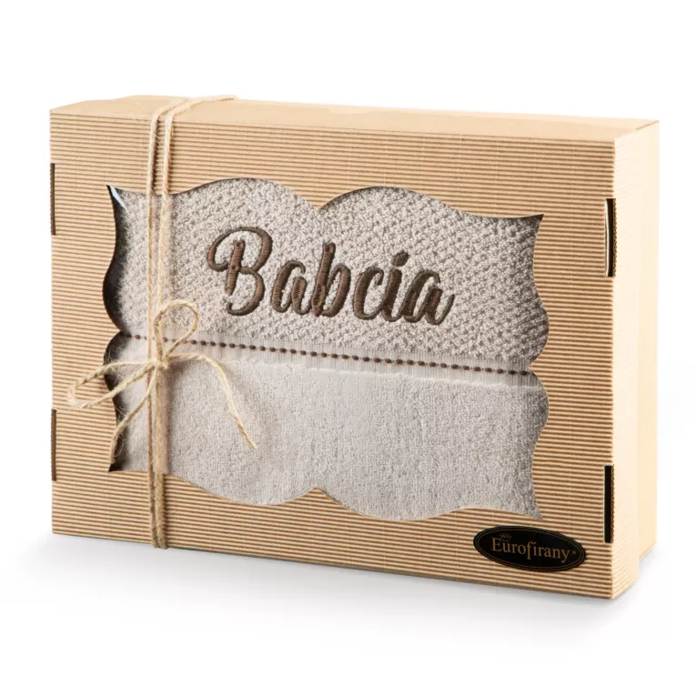 Zestaw upominkowy, ręcznik bawełniany 70x140 cm kolor beżowy z haftem BABCIA