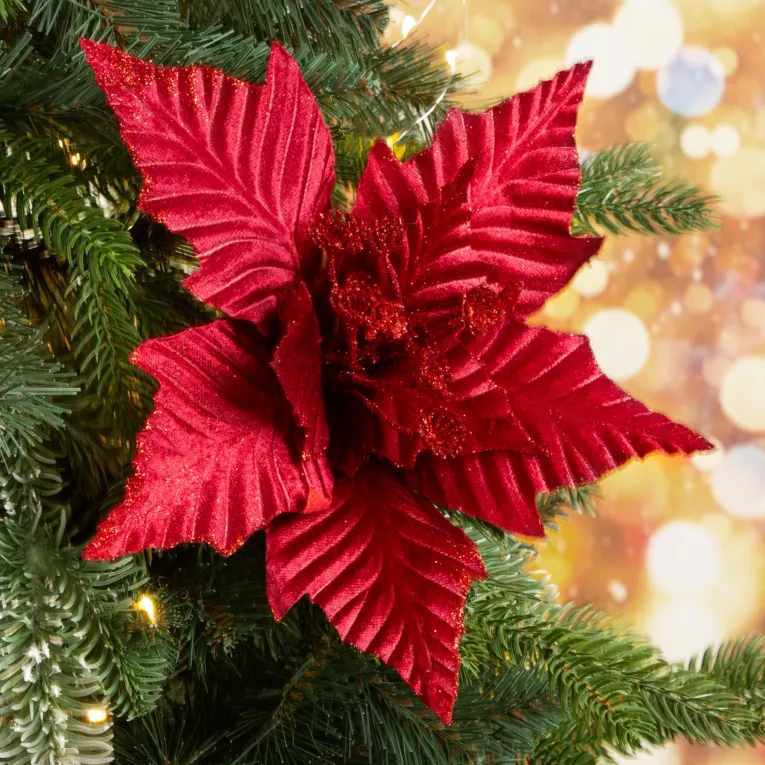 Świąteczny kwiat dekoracyjny z błyszczącego welwetu dekorowany brokatem