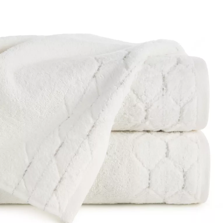 Ręcznik kąpielowy 50x90 cm bawełniany kolor kremowy z welwetową geometryczną bordiurą 500 g/m2 LUMIA