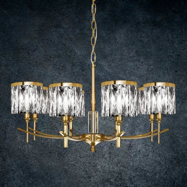 Lampa wisząca do salonu transparentno, złota KRYSTAL z kryształkami, z możliwością regulacji wysokości