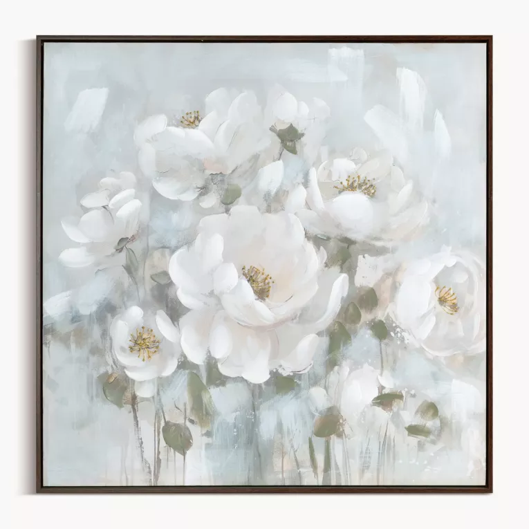 Obraz kremowo, błękitny ręcznie malowany w bukiet subtelnych kwiatów na płótnie 80x80 cm