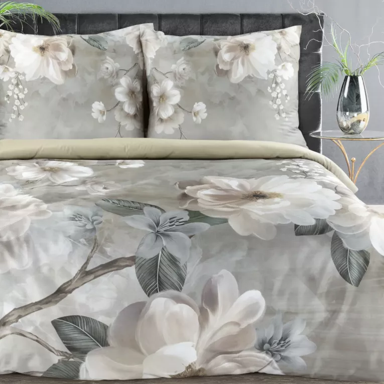 Pościel 160x200 cm bawełniana z makosatyny kolor cemnobeżowy, oliwkowy z kwiatowym wzorem Reina Line