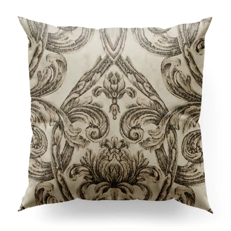 Poszewka szyta beżowo brązowa z ekskluzywnej tkaniny w duży wzór ornamentowy