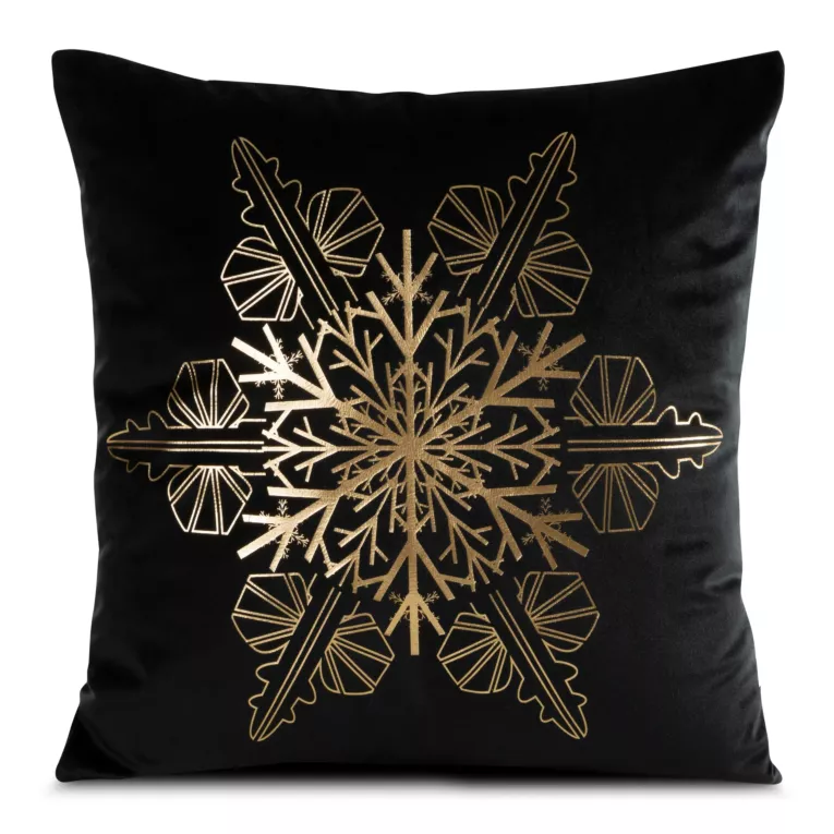 Poszewka na poduszkę 45x45 cm welwetowa, czarno złota zdobiona śnieżynkami JOY