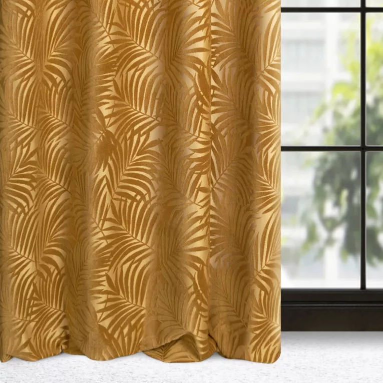 Zasłona welwetowa złocista z trójwymiarowym wzorem liści 140x250 cm przelotka - LIVIA