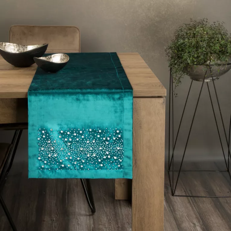 Bieżnik ROYAL 2 z gładkiego welwetu z cyrkoniami ciemnoturkusowy