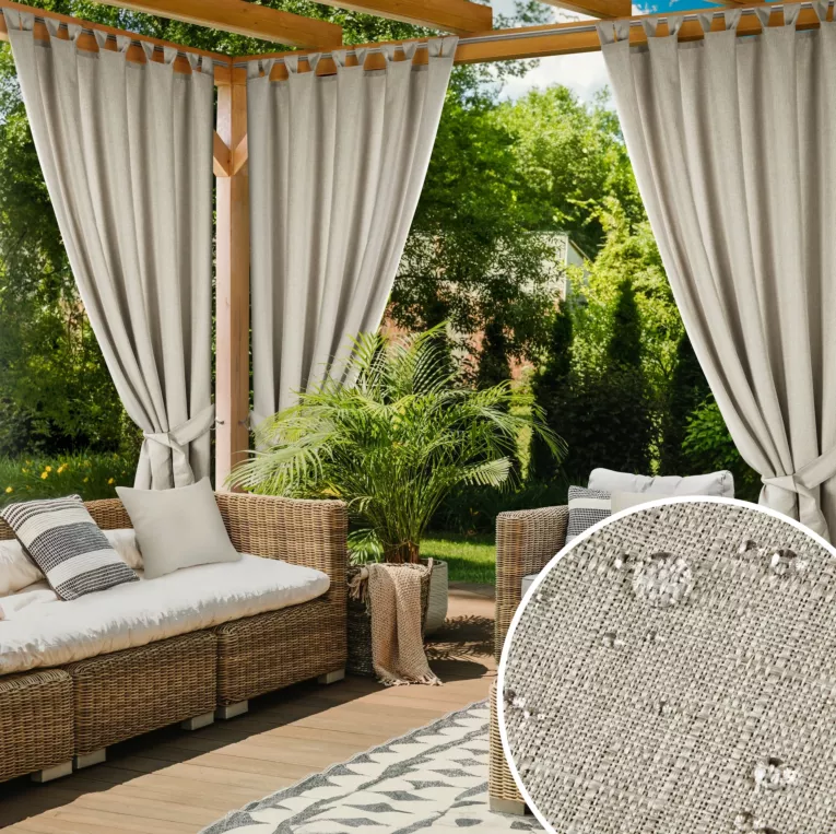 Zasłona beżowa z wodoodpornej tkaniny idealna do ogrodu i na taras 155x260 cm szelki/rzep - GARDEN