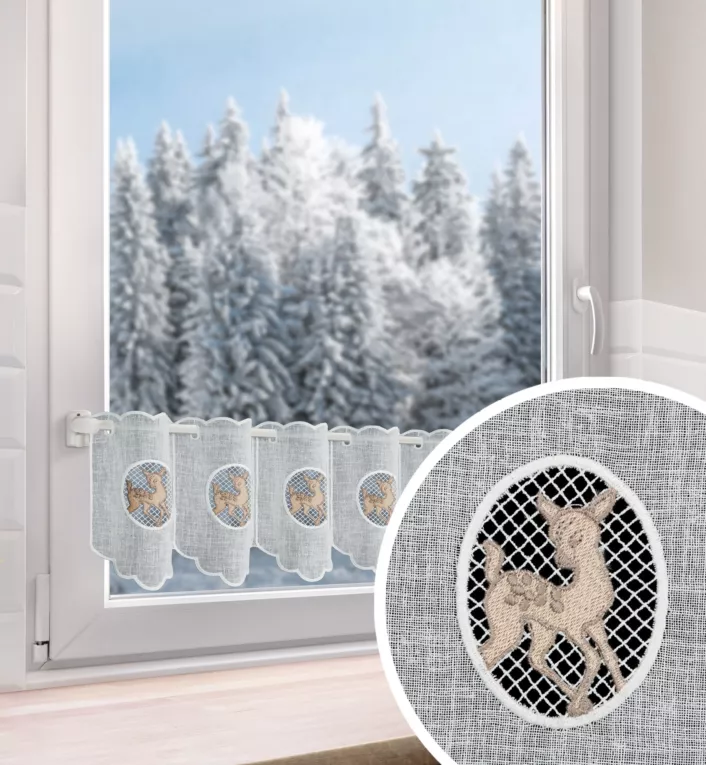 Tkanina firanowa zazdrostka z etaminy zdobiona świątecznym haftem jelonka