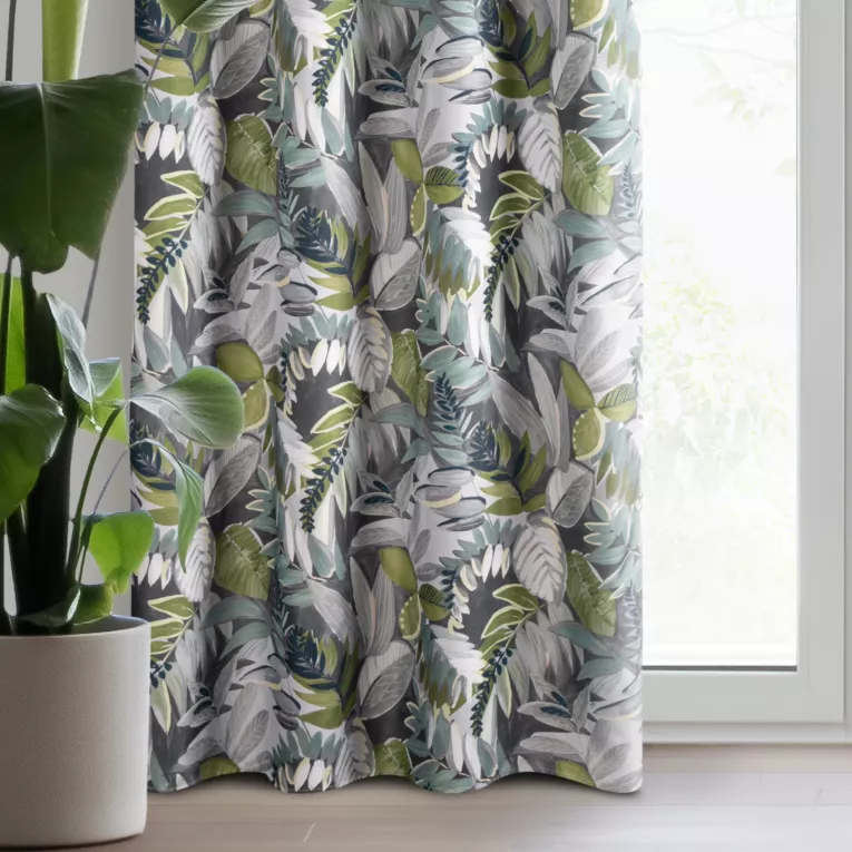 Zasłona stalowo, zielona zdobiona nadrukiem liści z tkaniny oxford 140x270 cm przelotka - MARILA