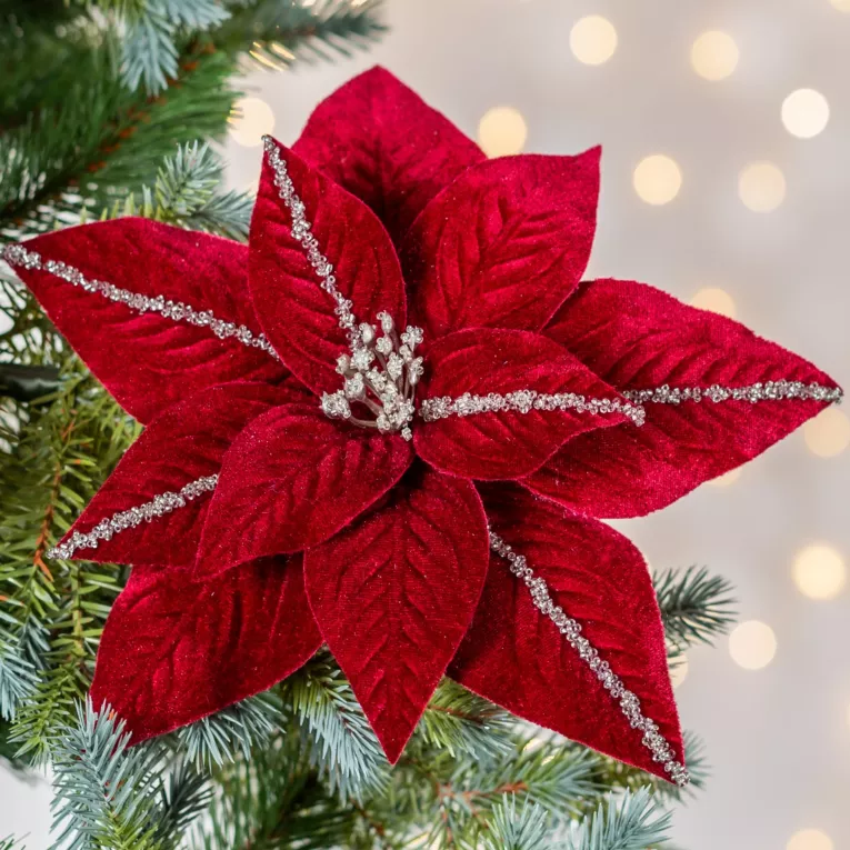 Świąteczny kwiat dekoracyjny z welwetu z dodatkiem lśniących kuleczek